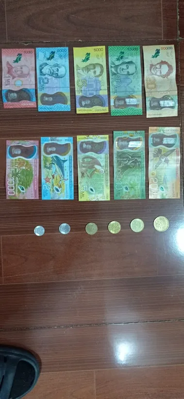 Costa Rican bills and coins arranged on a table